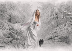 lady in white and wolf