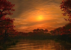 Beautiful Autumn Forest Sunset over Lake