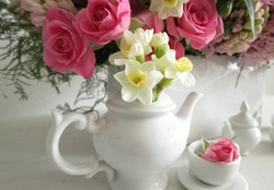 teapot of spring flowers
