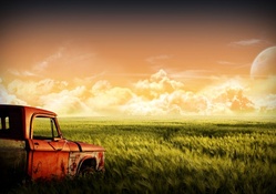 Old Red Truck in Field