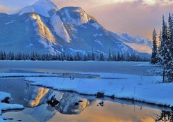 mountain reflection in a calm river in winter