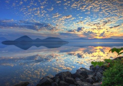 sunrise on beautiful lake toya in hokkaido japan