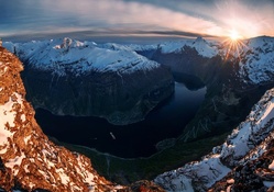 mountain top view of a fjord in norway