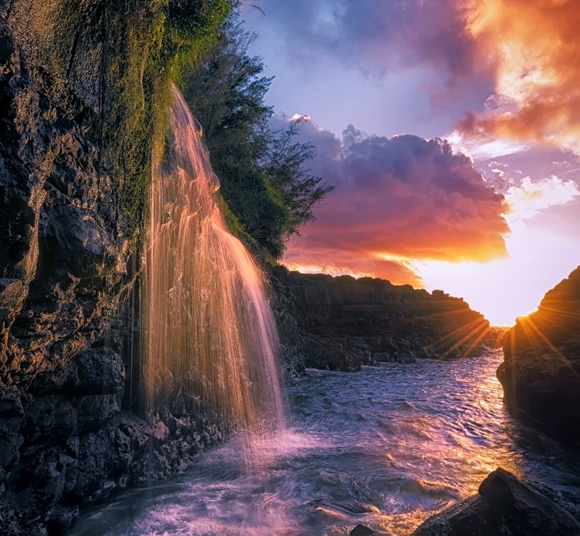 Waterfall Flowing Into The Sea, Kauai