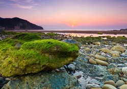 moss covered stones on a beach at sunset
