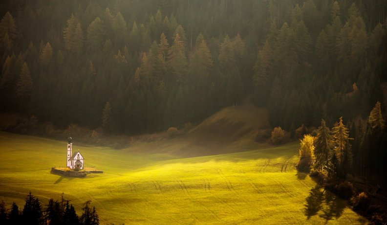 Sublime Light On The Chapel Of Dolomite Mountains