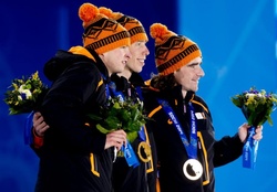 Jorrit Bergsma Gold, Sven Kramer Silver, Bob de Jong Bronze 10.000 meter men