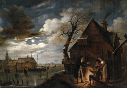 Aert van der Neer _ Dutch Channel Landscape with Skaters and Fire