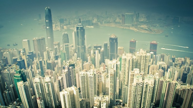 hong kong skyscrapers in haze