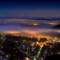 winter resort town under a blanket of fog