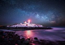 lighthouse on a rocky point under starry night