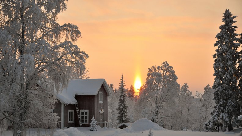 forest cabin in winter at sunrise