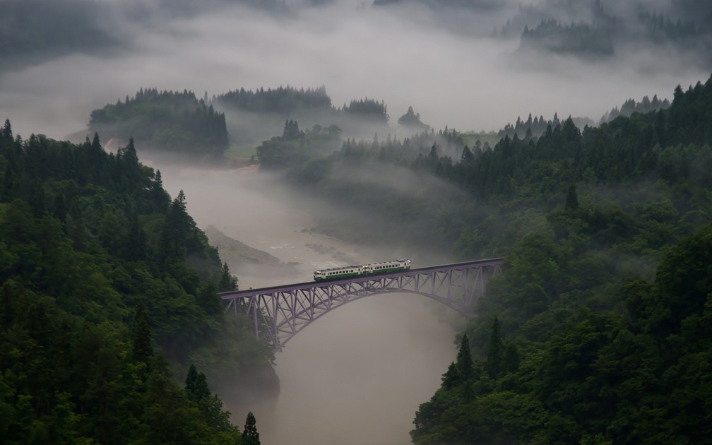train on a rail bridge over a river gorge in fog