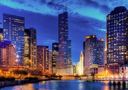 chicago lit up in evening hdr