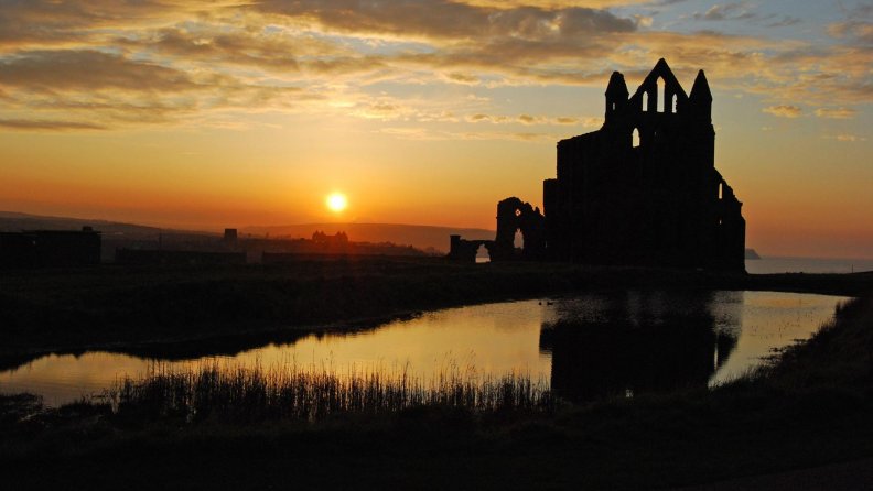 silhouette ruins of whitby abbey in england