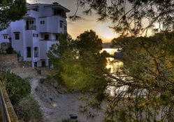beautiful villa lakeside at sunset
