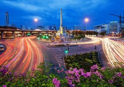 traffic circle in evening at long exposure