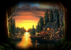Forest cabin sunset