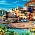 colorful sun drenched seaside town