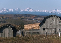 Farm houses and Rocky mountains on the back
