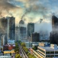 morning fog rising from a cityscape hdr