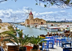 restaurant overlooking sicilian windmill hdr
