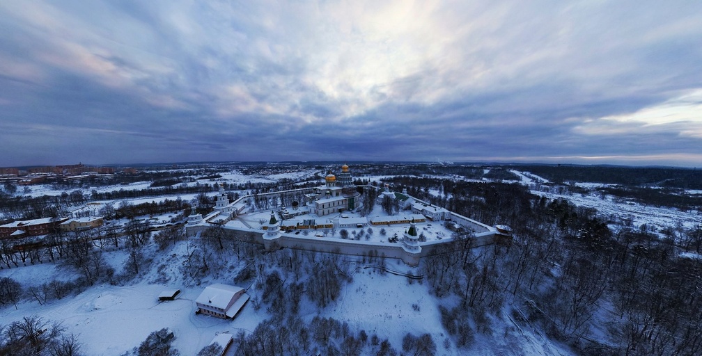 view of church within a fortress in winter