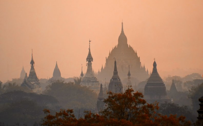 southeastern asian temple in morning haze