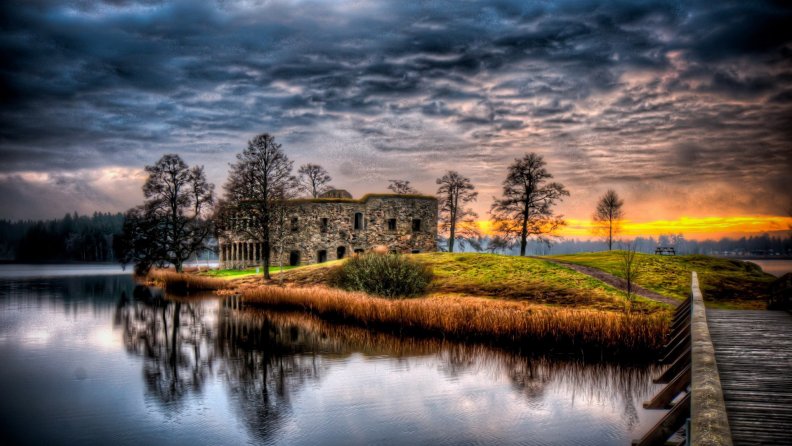 stone fort on an island at sunset hdr