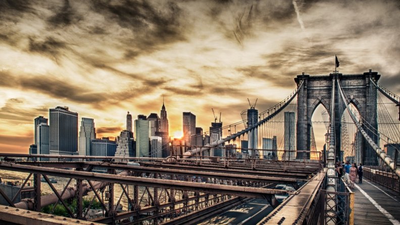 fantastic sunset view from atop brooklyn bridge hdr
