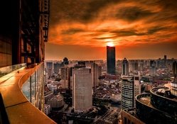 skyscraper view of shanghai at sunset
