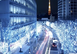 blue lights in a tokyo street
