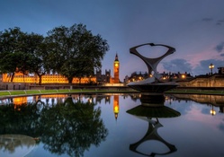 clock tower in london reflected in fountain