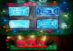 Christmas decorations around a color glass window