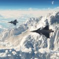 typhoon fighter jets over a majestic mountain range