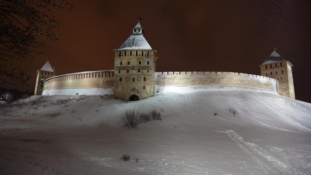 stone wall in veliky novgorod russia in winter