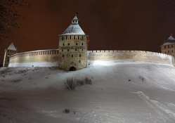 stone wall in veliky novgorod russia in winter