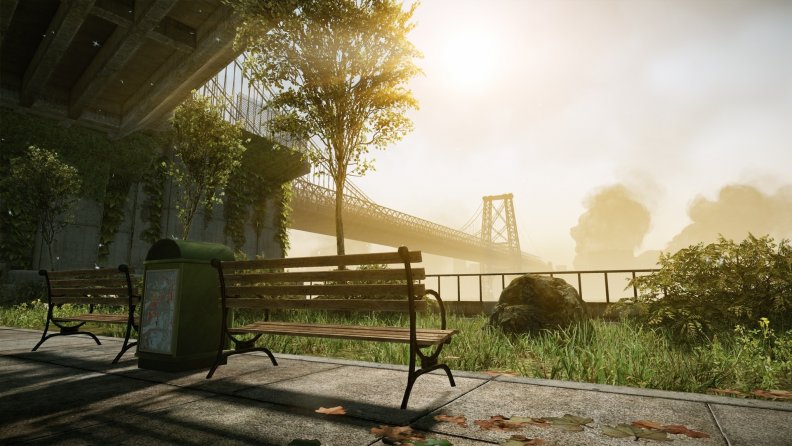 benches under bridge in haze
