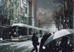 city tram in snow