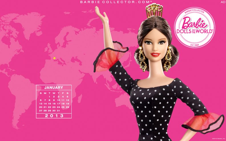 January Spain Barbie Collector 2013 With Pink Bacground