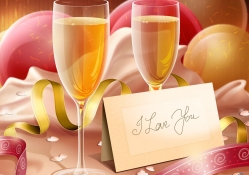 Glasses of champagne and a love card