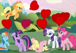 ponies holding heart shaped baloons