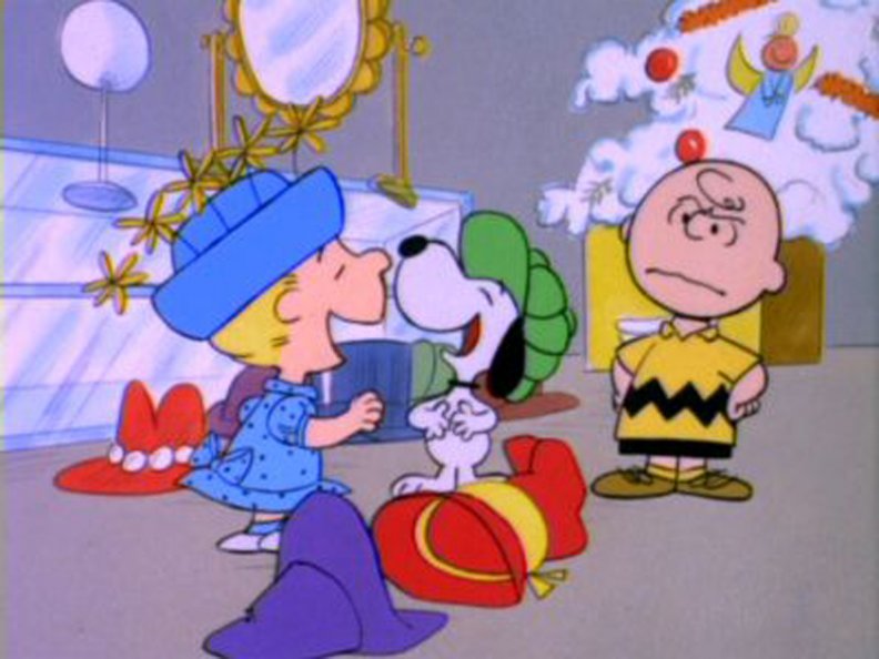 snoopy and sally laughing with charlie brown looking