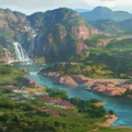 Beautiful Waterfalls Mountains Nature Painting