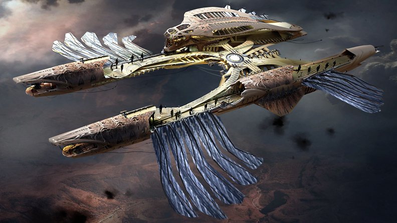 Martian ship flying over Barsoom