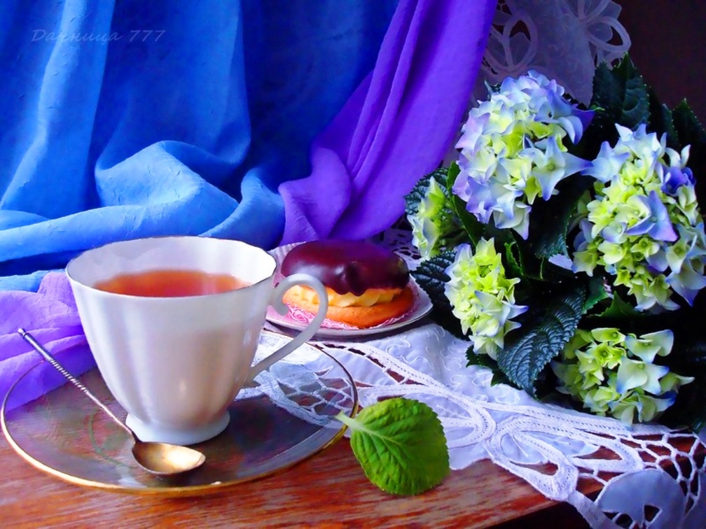 Cup of tea and hydrangeas