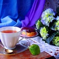Cup of tea and hydrangeas