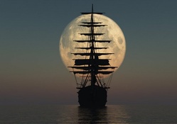 silhouette of a tall ship under huge moon
