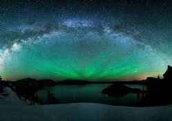 aurora borealis and the milky way above a lake