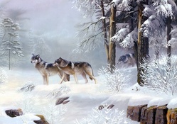 Wolf pack in the snowy forest